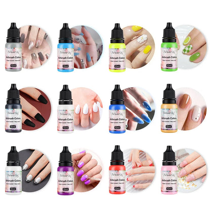 12pcs Airbrush Nail Ink Paint Set – Colorful Nail Polish for Spray Gun, Stencil & Hollow Pattern Art Tools