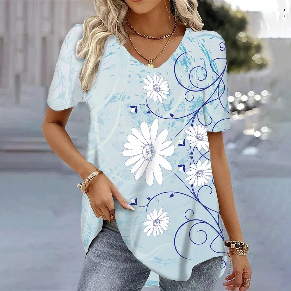 3D Floral Print T-Shirt - Women's Harajuku Casual Loose Fit Summer Crewneck Top