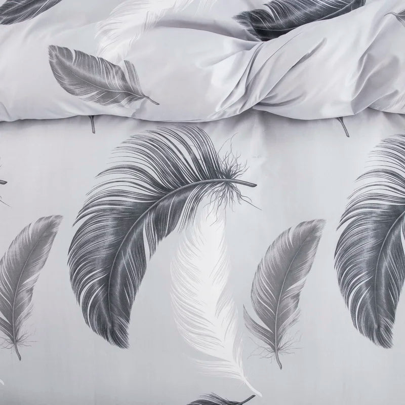Grey Feather Duvet Cover Set – Full/Queen Boho Bird Plume Luxury Soft Reversible Comforter for Kids & Teens