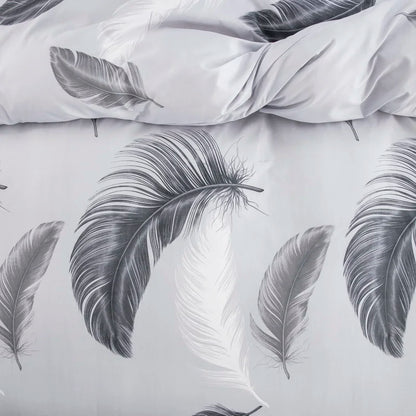 Grey Feather Duvet Cover Set – Full/Queen Boho Bird Plume Luxury Soft Reversible Comforter for Kids & Teens