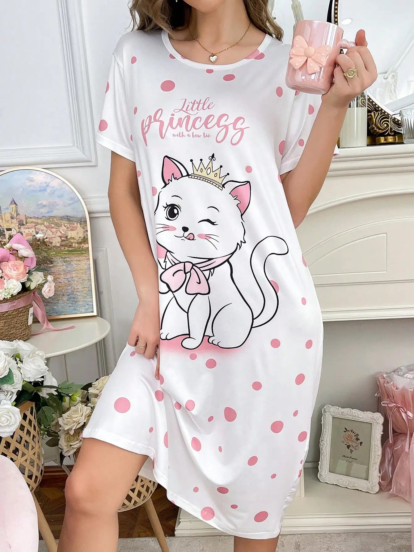 Women's White Cat Print Polka Dot Nightdress with Bow Detail