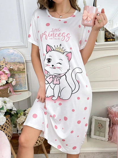 Women's White Cat Print Polka Dot Nightdress with Bow Detail