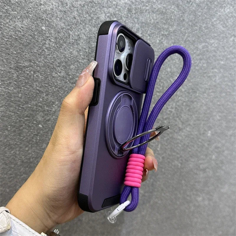 Armor Magnetic iPhone Case with Lanyard – Shockproof Slide Camera Protection for iPhone 11-16 Pro Max
