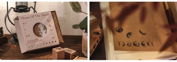 Yoofun 7-Piece Vintage Moon & Plant Wooden Stamps — Rubber Stamps for Scrapbooking, DIY Craft & Stationery