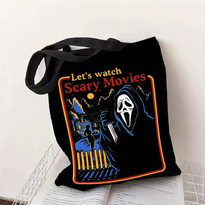 Halloween Funny Cartoon Horror Movie Tote Bag - Large Capacity Canvas Shoulder Bag, Perfect for Halloween Shopping & Festivals