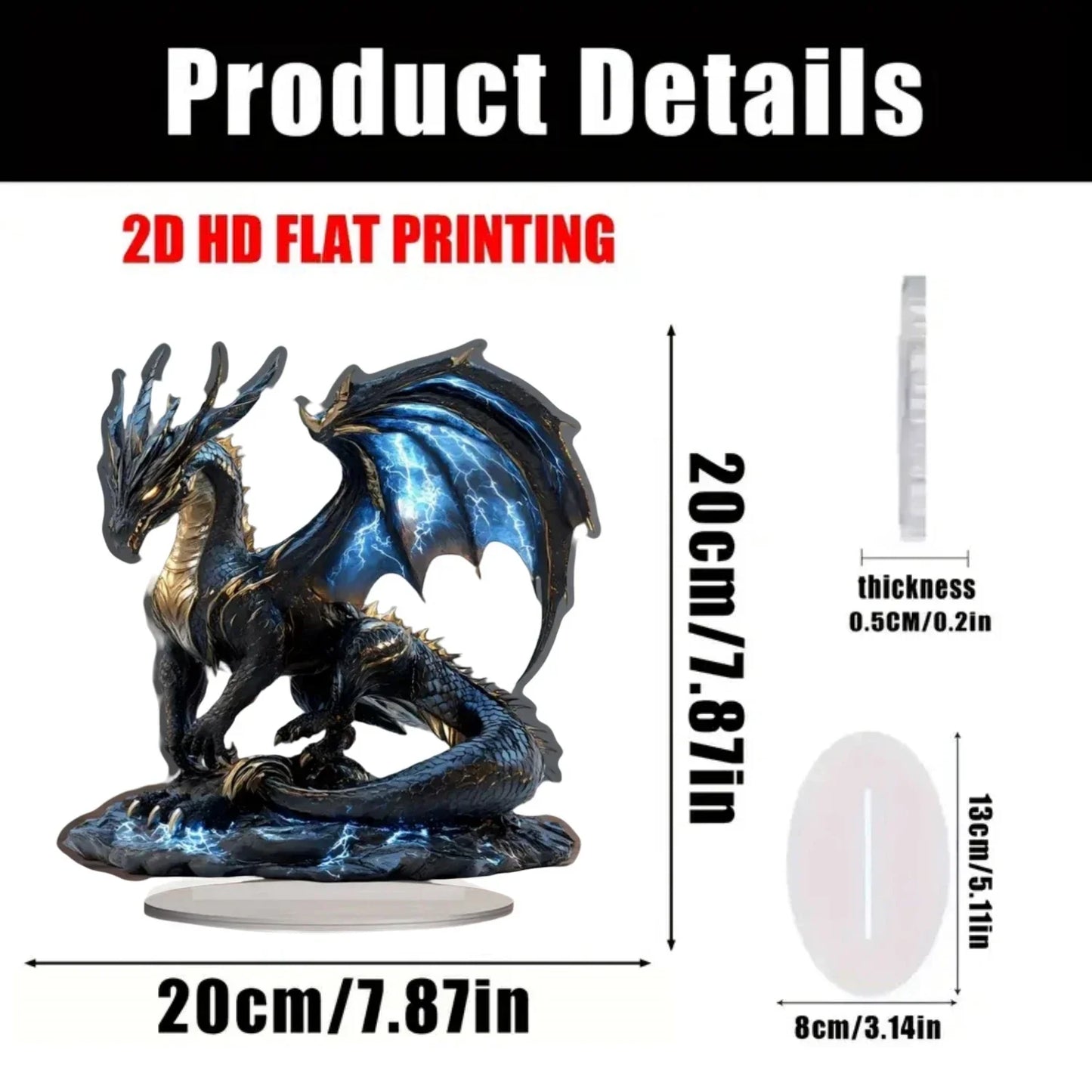 Black Dragon Lightning Acrylic Plaque - 2D Decorative Display Sign for Home, Office, Cafe & Studio