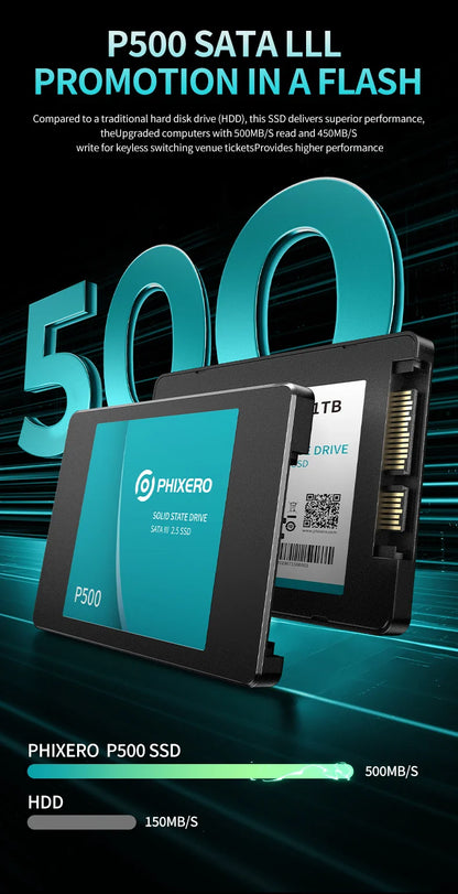 PHIXERO 2.5" Hard Disk SSD — Internal SATA Drive 128GB, 256GB, 512GB, 1TB, 2TB, 4TB for PC & Laptop
