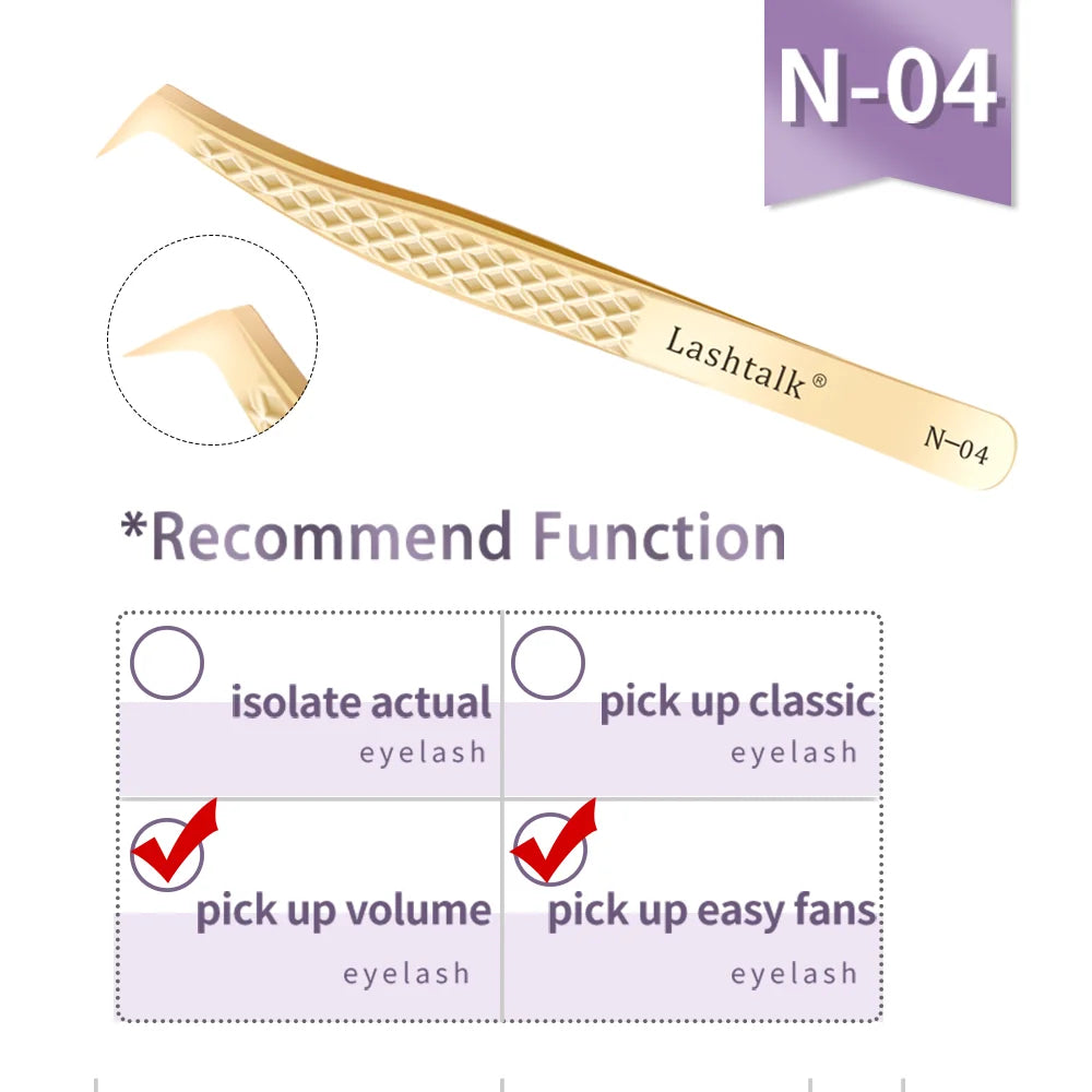 Lashtalk Precision Fiber Tip Tweezer - Diamond Grip Anti-Slip Gold Stainless Steel for Eyelash Extensions Makeup by Nagaraku