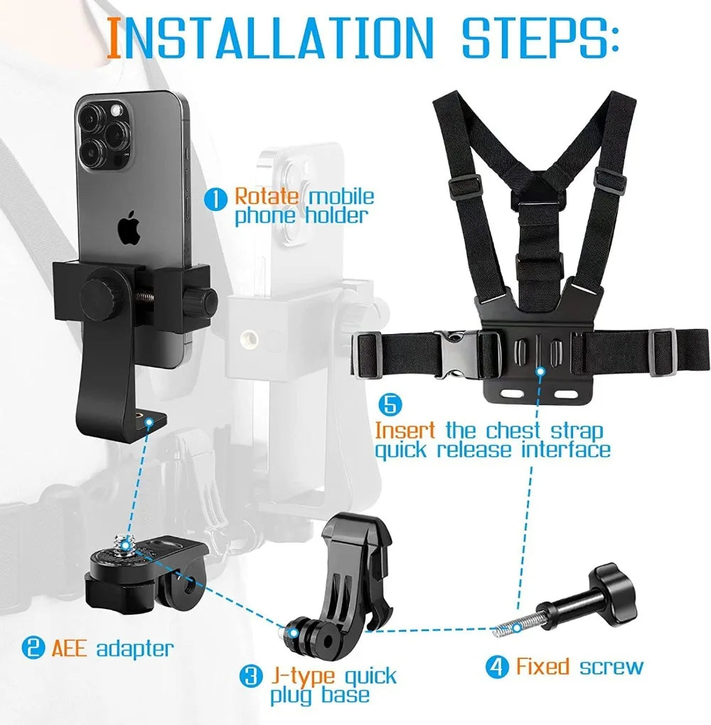 First-Person Adjustable Chest Strap Mount – Action Camera & Mobile Phone Holder for Cycling, Skiing, Outdoor Recording