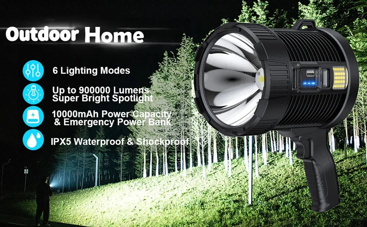 Rechargeable 900,000 Lumens LED Spotlight – Super Bright Handheld Outdoor Flashlight & Solar Searchlight