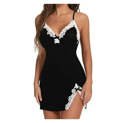 Women’s Sexy Lace Silk Satin Nightgown – V-Neck Sleeveless Sleepwear with Split Hem Soft Lingerie Dress