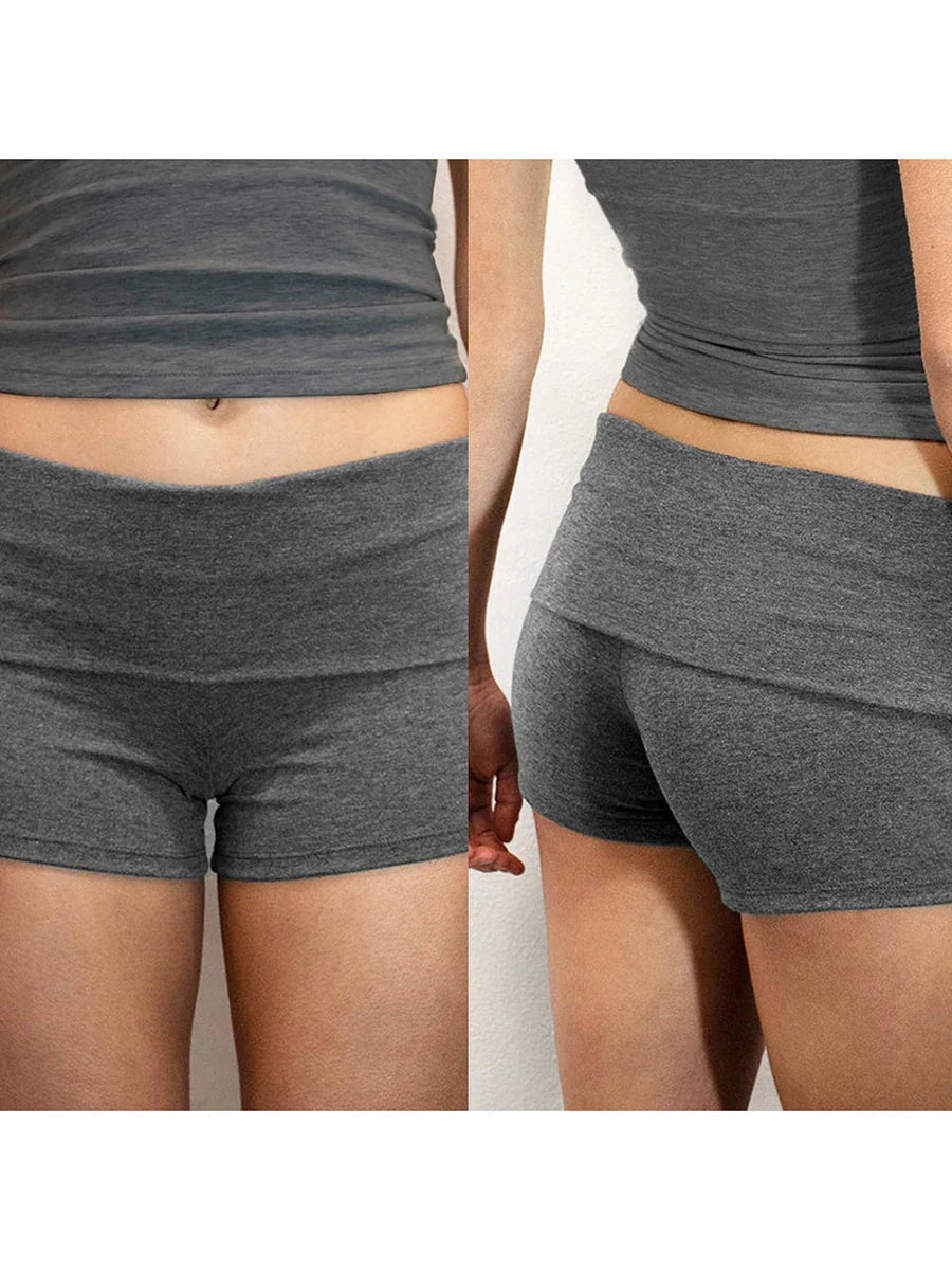 Summer Women’s Slim Solid Color Yoga Shorts — Casual Fold-Over Low Waist Lounge Shorts