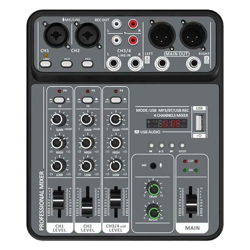4-Channel Audio Mixer — USB Studio Mixer with 48V Phantom Power & Bluetooth for DJ & Karaoke