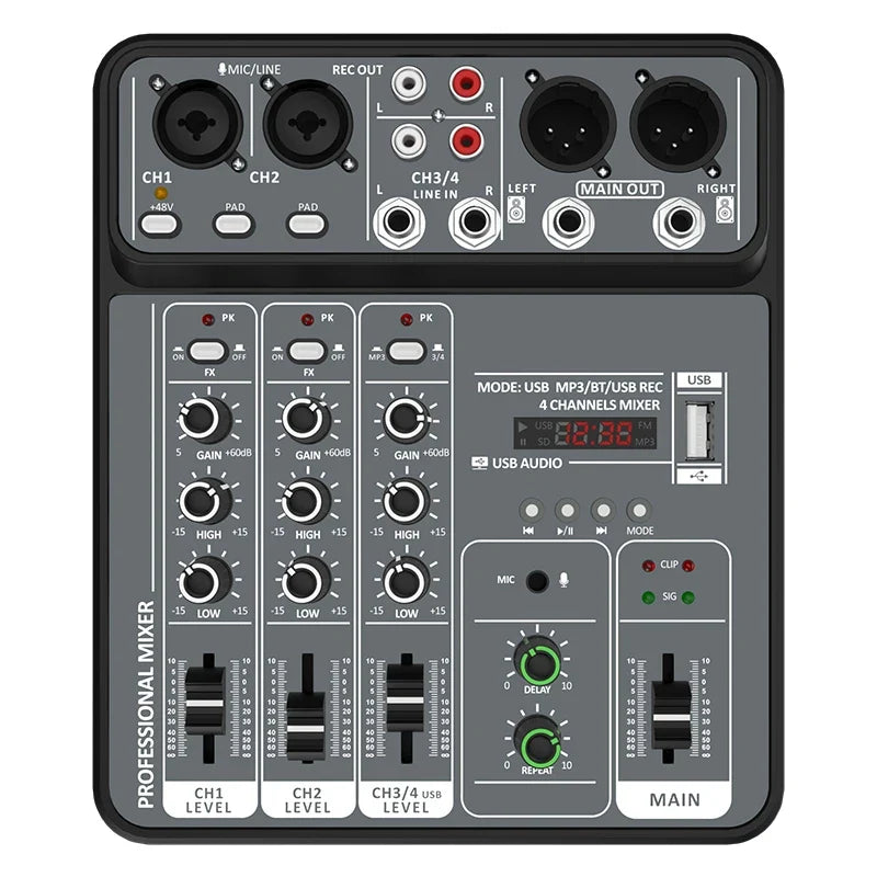 4-Channel Audio Mixer - USB Studio Sound Mixing Console with Bluetooth, 48V Phantom Power & DJ Karaoke Support