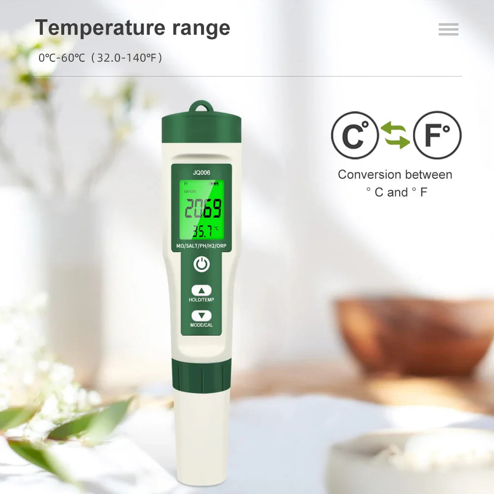 10-in-1 Digital Water Quality Tester — pH/EC/TDS/ORP/H₂/Fertility/Salinity/SG/Resistivity/Temp Meter for Aquariums, Pools & Hydroponics