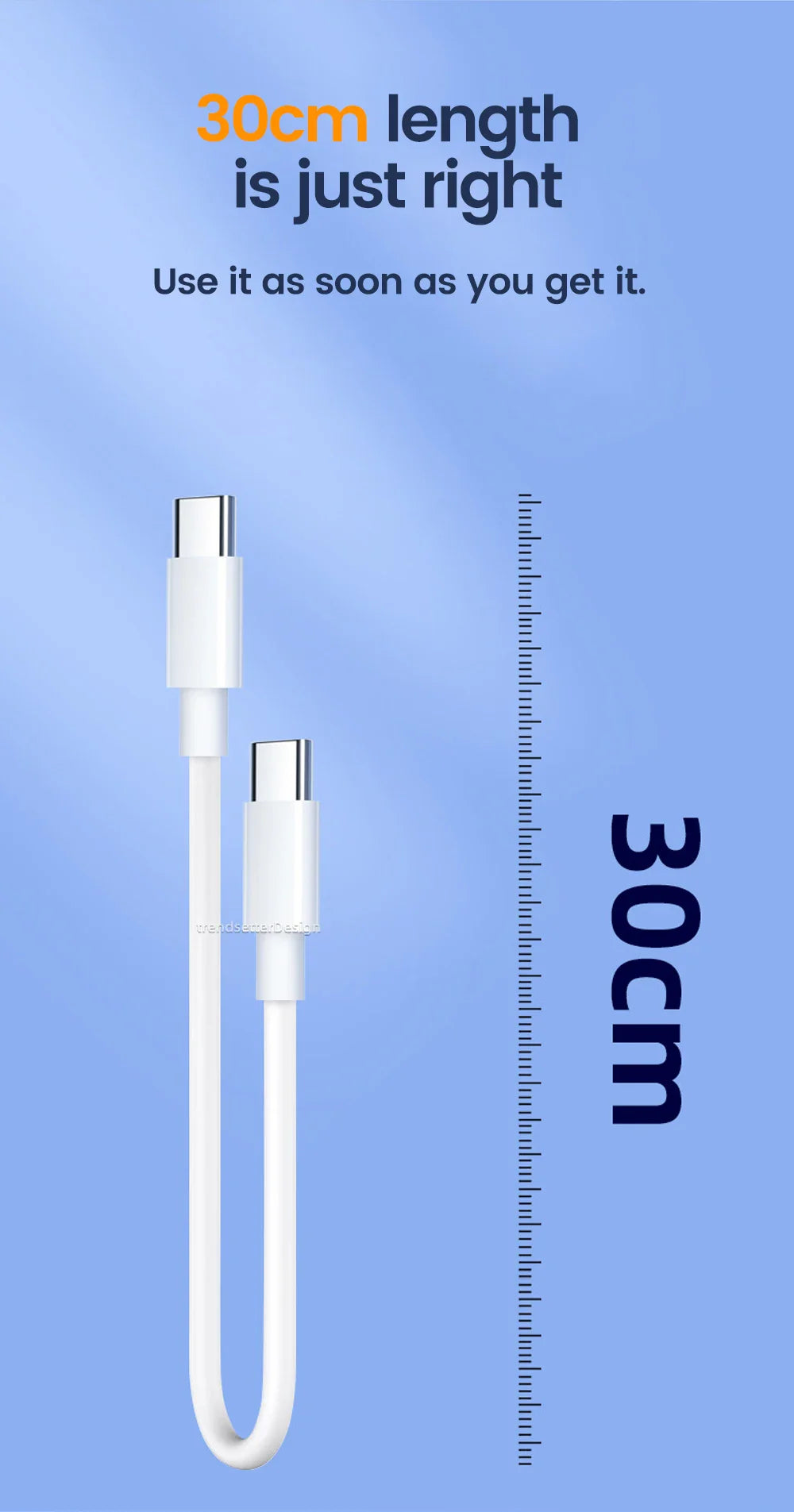 30cm USB-C to USB-C Fast Charging Cable – Compatible with iPhone 15, Xiaomi, Samsung, Huawei & Power Banks