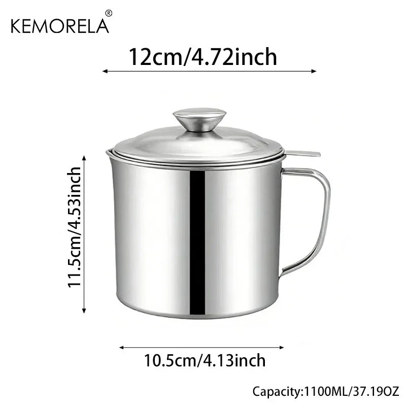 Stainless Steel Oil Filter Pot - 1.1L/1.3L Cooking Oil Strainer Container with Lid & Heat Resistant Fat Separator