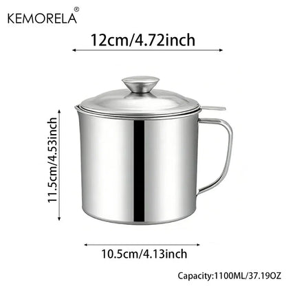 Stainless Steel Oil Filter Pot - 1.1L/1.3L Cooking Oil Strainer Container with Lid & Heat Resistant Fat Separator