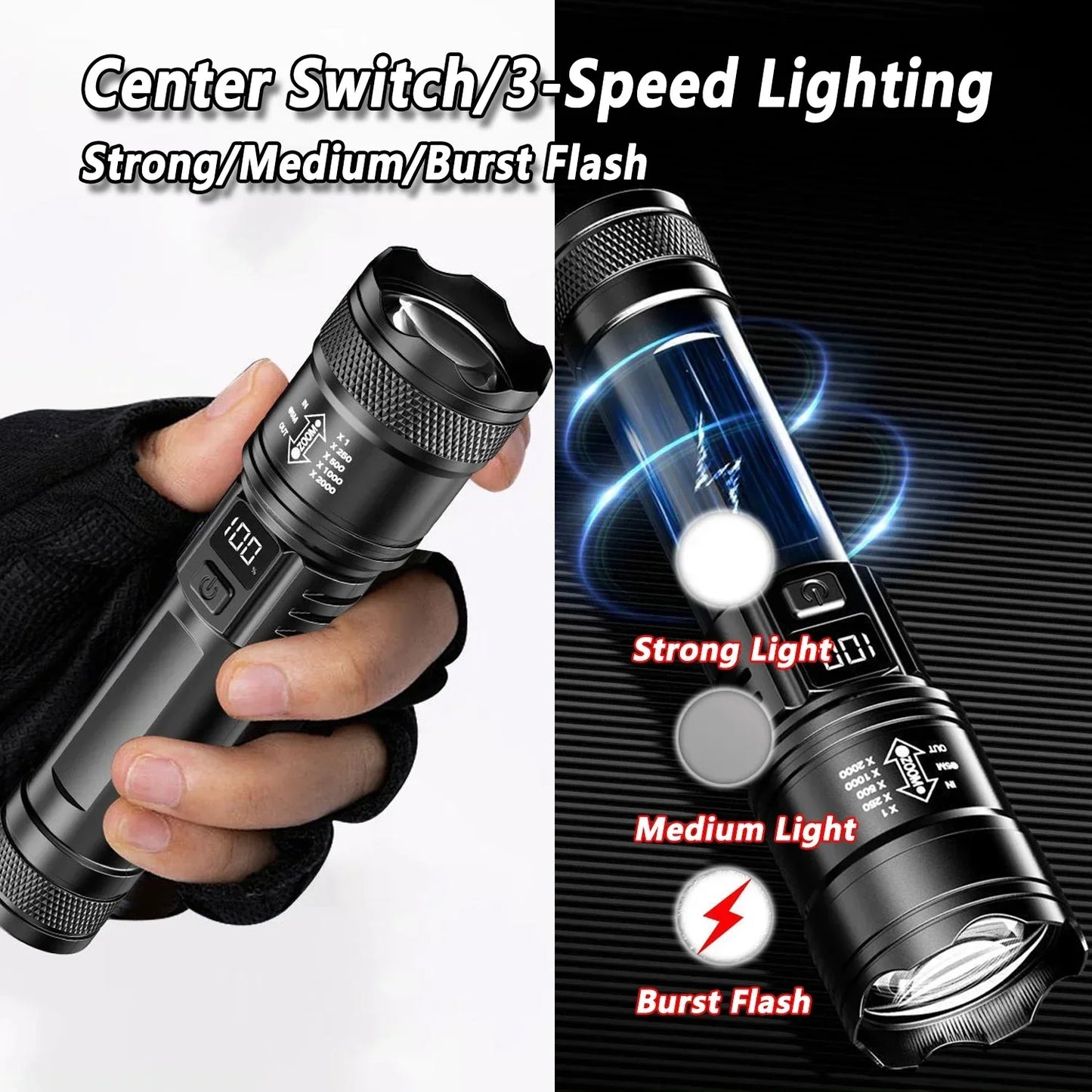 2000LM Ultra Bright P50 LED Tactical Flashlight – Telescopic Zoom Handheld Torch EDC Emergency Spotlight (14500/18650 Battery Compatible)