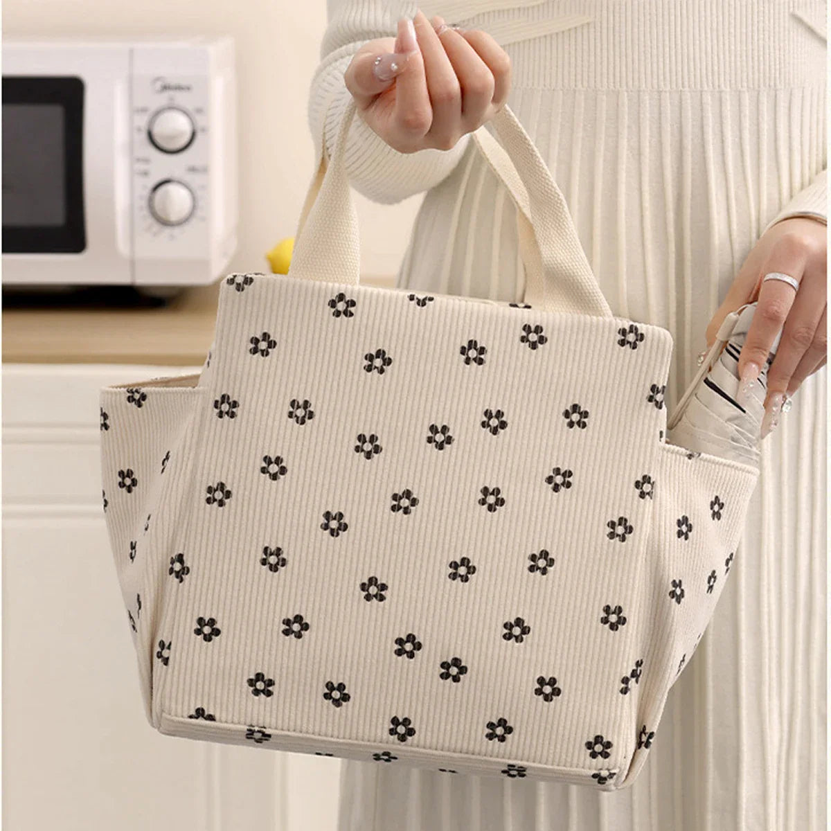 12L Insulated Lunch Box Bag — Thickened Aluminum Foil, Waterproof & Oil-Proof Printed Corduroy Meal Bag