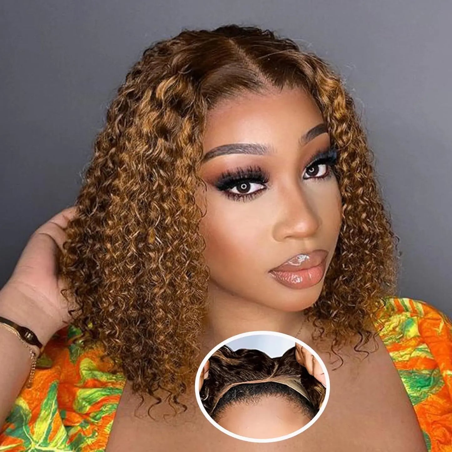 Deep Wave Honey Blonde Bob Wig — Glueless Human Hair Curly Wig, Pre-Plucked & Pre-Cut Ombre HD Lace Front, Highlight Wear-and-Go