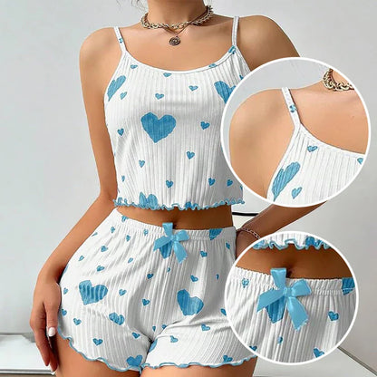 Women's 2PC Pajama Set – Soft Sleeveless Tank & Shorts | Casual Sleepwear with Love Print (S- L, White)