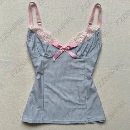 Women’s Grunge Punk Gothic Camisole Top – Y2K V-Neck Bow Lace Slim Fit Crop Cami Streetwear