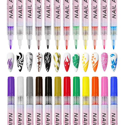 12-Piece Colorful Waterproof Nail Art Pens – DIY 3D Manicure Drawing Pens for Abstract Line Painting and Nail Design
