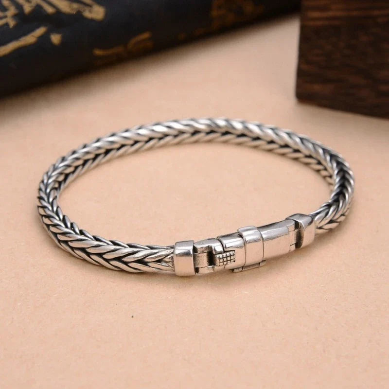100% S925 Sterling Silver Handmade Woven Bracelet — Retro Domineering Style for Men & Women, Pure Silver Jewelry