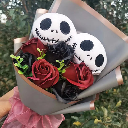 Halloween Jack Skellington Plush Bouquet – Doll Toy with Soap Rose Flower, Terror Skull & Ghost for Christmas & Valentine’s Day Gifts