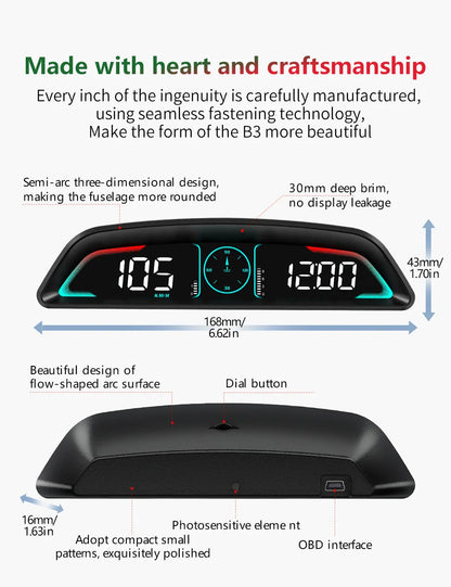 AD G3/B3 OBD2 GPS Head-Up Display – Smart Car HUD with Digital Speedometer, RPM, Water Temp, Clock & Security Alarm