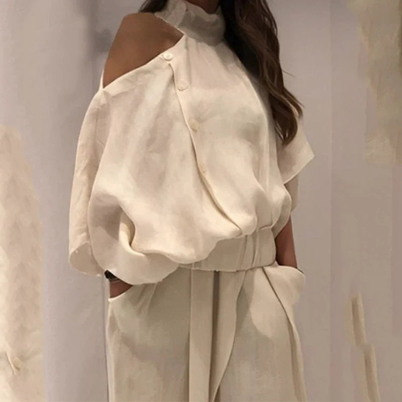 Women’s Fashion 2-Piece Set – Wide-Leg Buttoned Pants & Hollow Solid Color Loose Cold-Shoulder Blouse