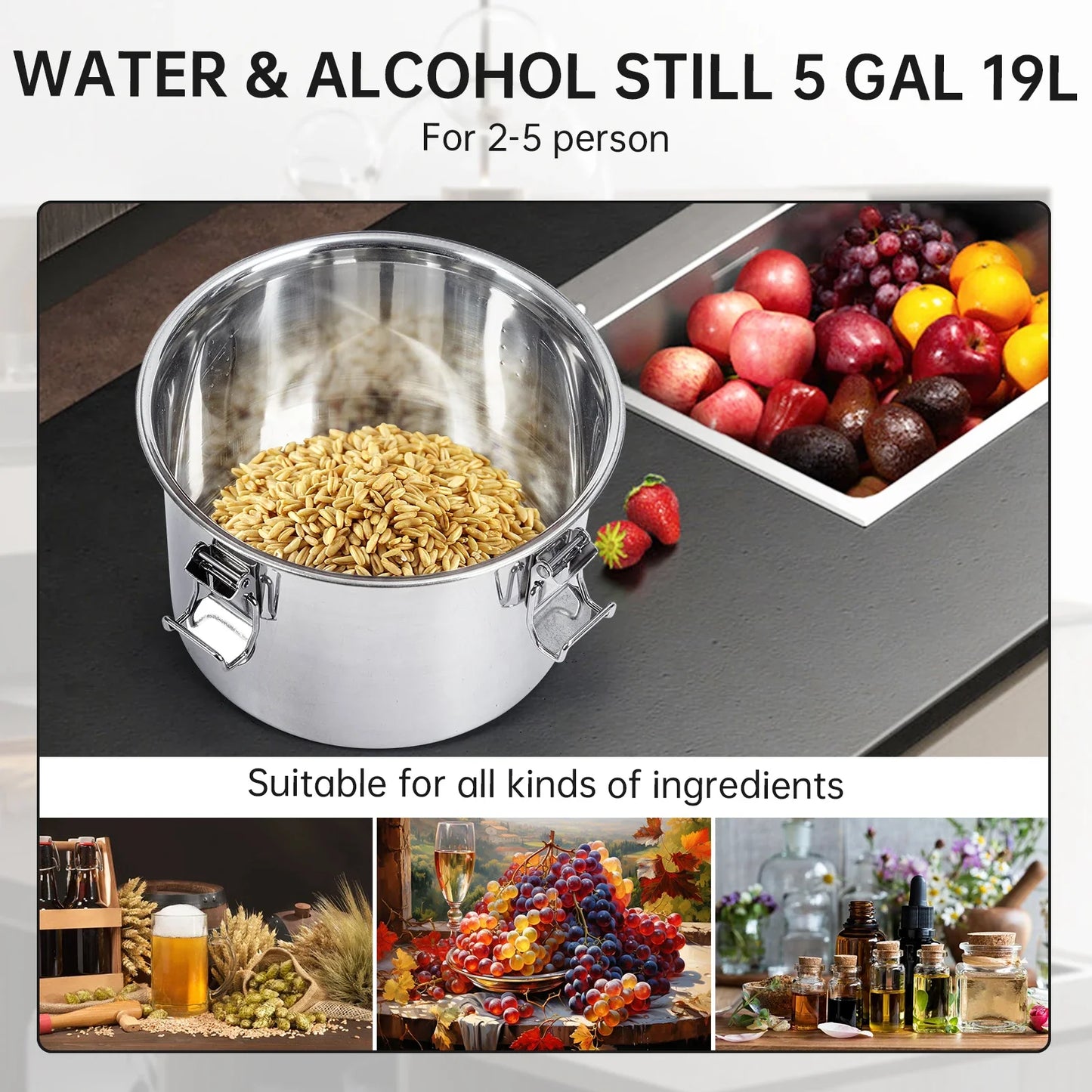 5Gal/19L Stainless Steel Water & Alcohol Distiller – Home Brewing Kit with Built-in Thermometer, Copper Tube, and Water Pump