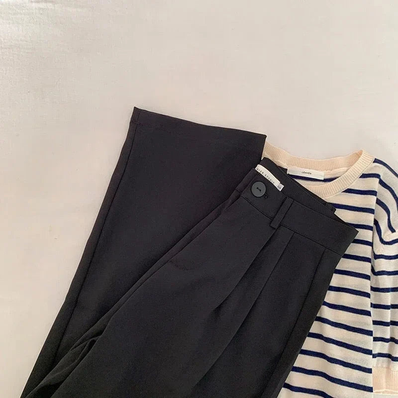 High Waist Women’s Suit Pants – Straight Office Trousers, Casual Button Loose Black Pants for Fall 2024