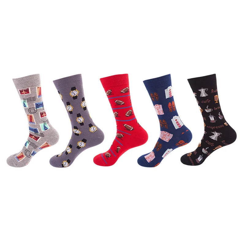 5-Pair Men’s Cotton Sports Socks Pack - Hip Hop Harajuku Pastel Print Long Tube Running Casual Socks