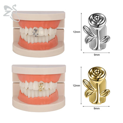ZS Hip Hop Grillz – Silver/Gold Plated CZ Crystal Cross & Rose Star Tooth Cap, Top & Bottom Set