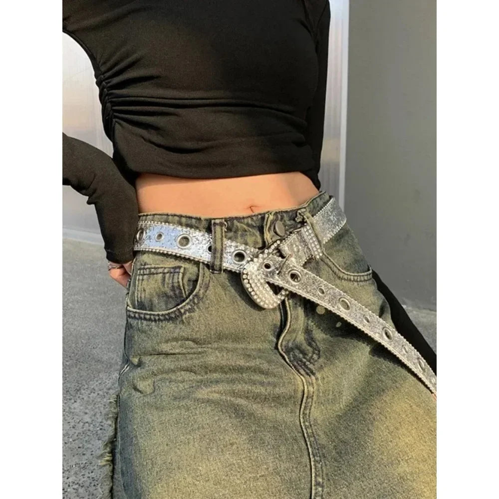 Y2K Women’s PU Leather Rhinestone Belt – Adjustable Glitter Crystal Waistband for Club & Party