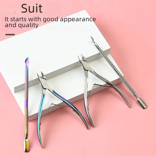 Steel Color Manicure Clippers Set - Titanium Skeleton Dead Skin Scissors, Nail Clippers with Steel Push Dead Skin Scissors