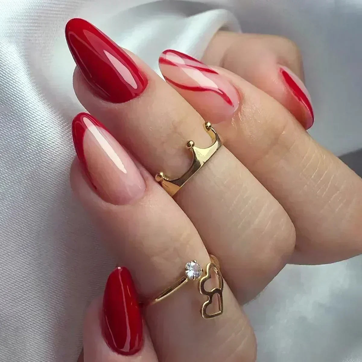 24Pcs French Press On Nails - Almond Fake Nail Tips with Glue, White Edge Design & Pink Stiletto Style Manicure Set