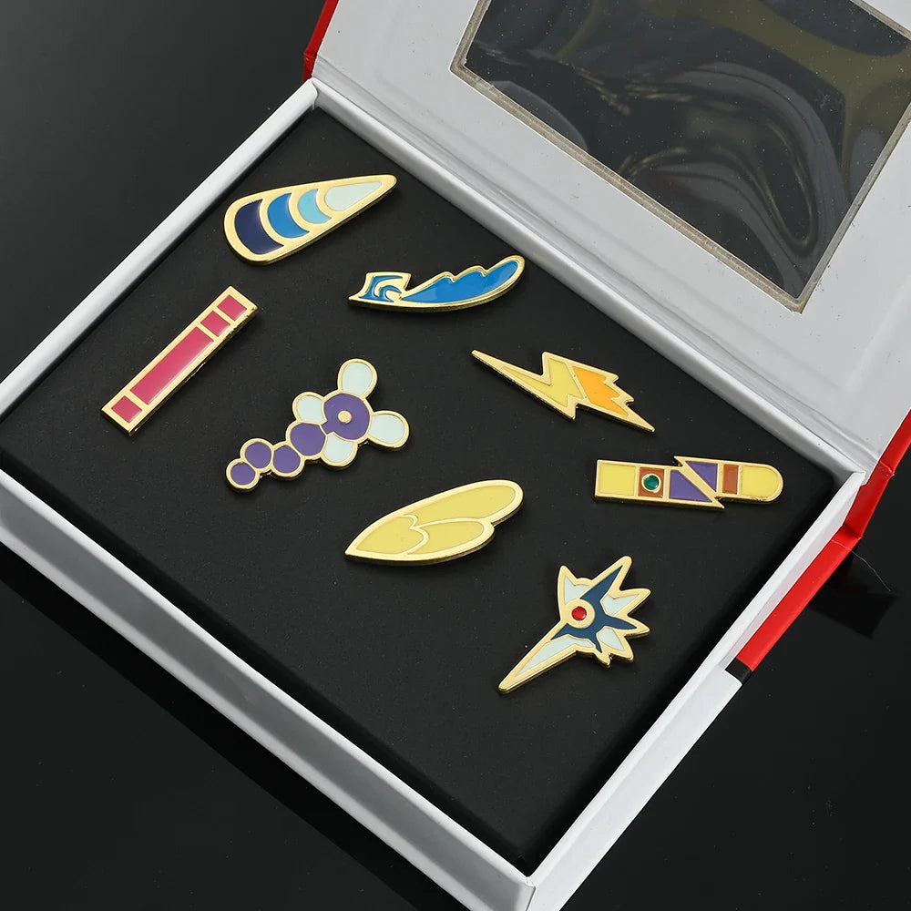 Anime League Gym Badge Set – Metal Brooches from Sinnoh, Johto, Hoenn & Indigo with Pikachu & Squirtle Figure Toys