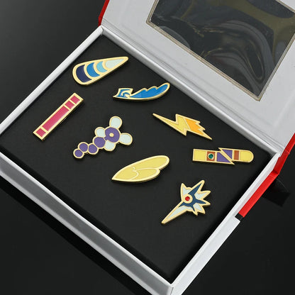Anime League Gym Badge Set – Metal Brooches from Sinnoh, Johto, Hoenn & Indigo with Pikachu & Squirtle Figure Toys