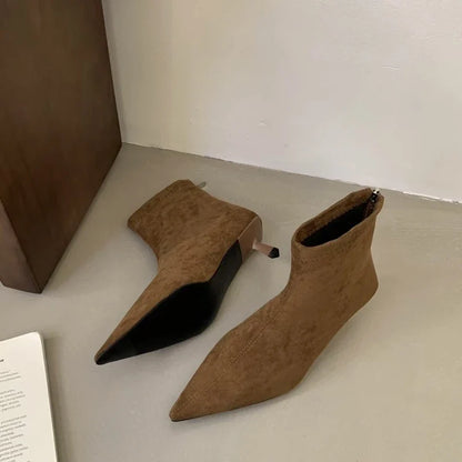 SUOJIALUN 2024 Winter New Women’s Short Boots – Fashion Pointed Toe, Elegant Ankle Boots with Thin High Heel Dress Pumps