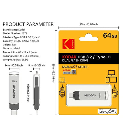 KODAK USB 3.2 Type-C Flash Drive – High-Speed 32GB/128GB/256GB Dual Memory Stick for Smartphone & Laptop