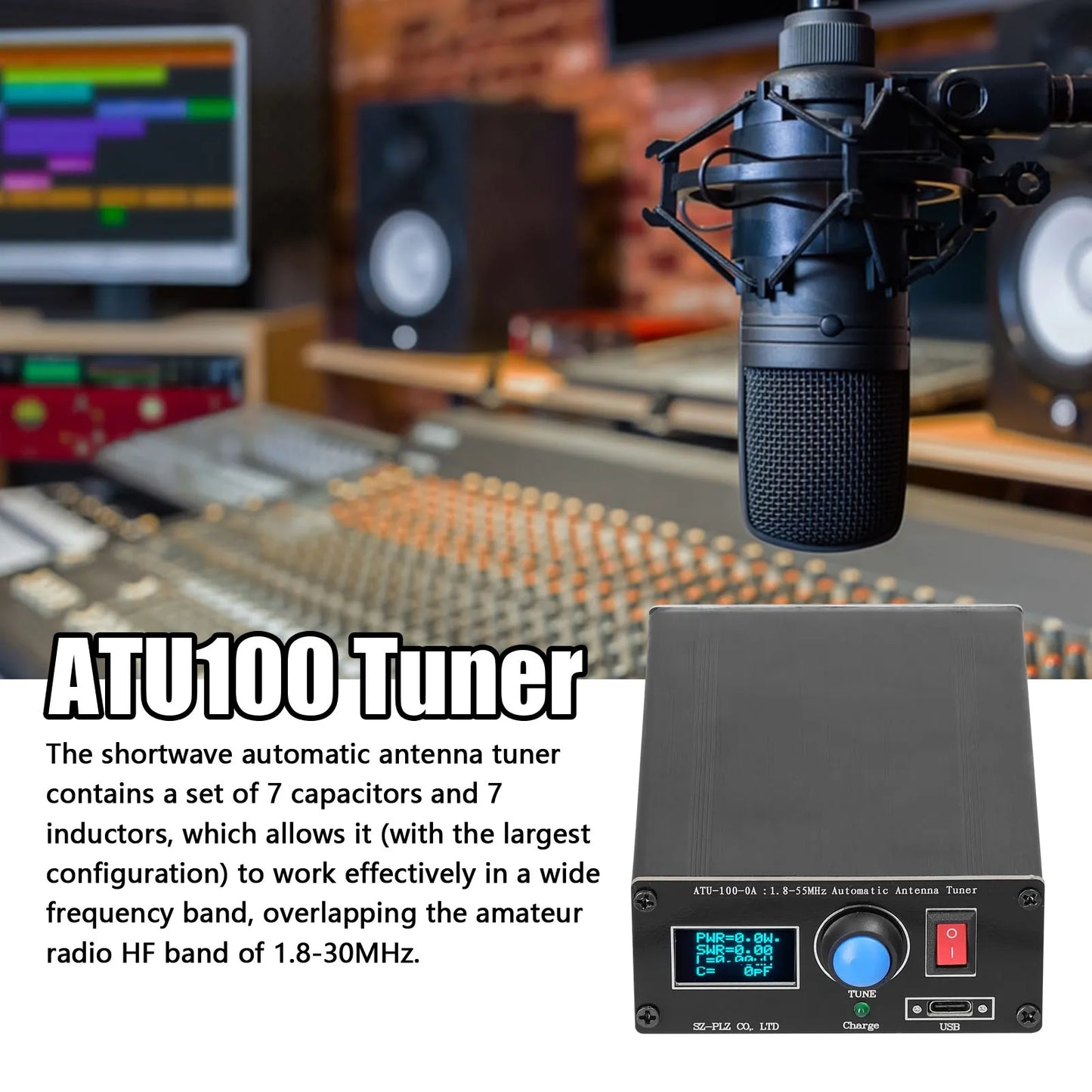 ATU-100-0A Mini Automatic Antenna Tuner – 1.8-55MHz with OLED Display, Aluminum Alloy Case, 1500mAh Battery