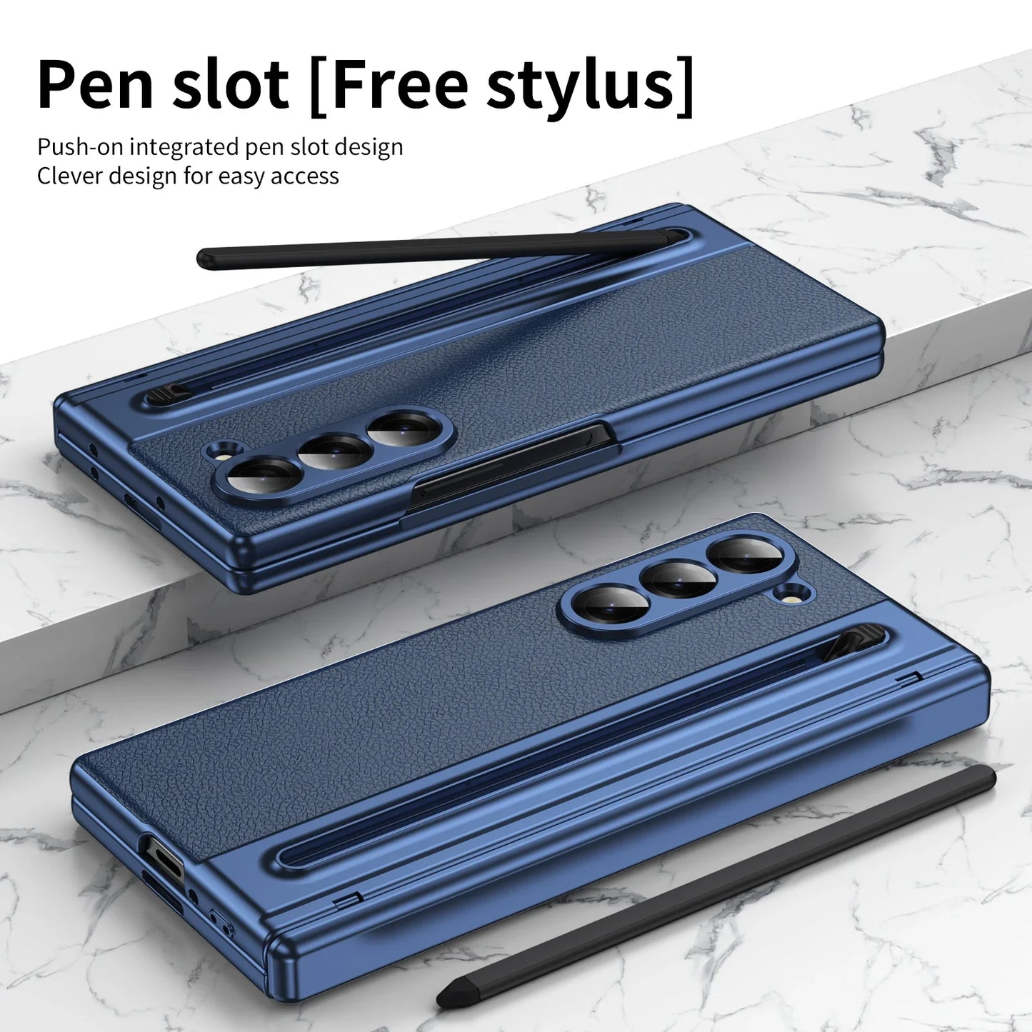 Slim Leather Case with Touch Pen for Samsung Galaxy Z Fold 6/5/W25/4/3 – Plated Hinge & Full Screen Protector Cover