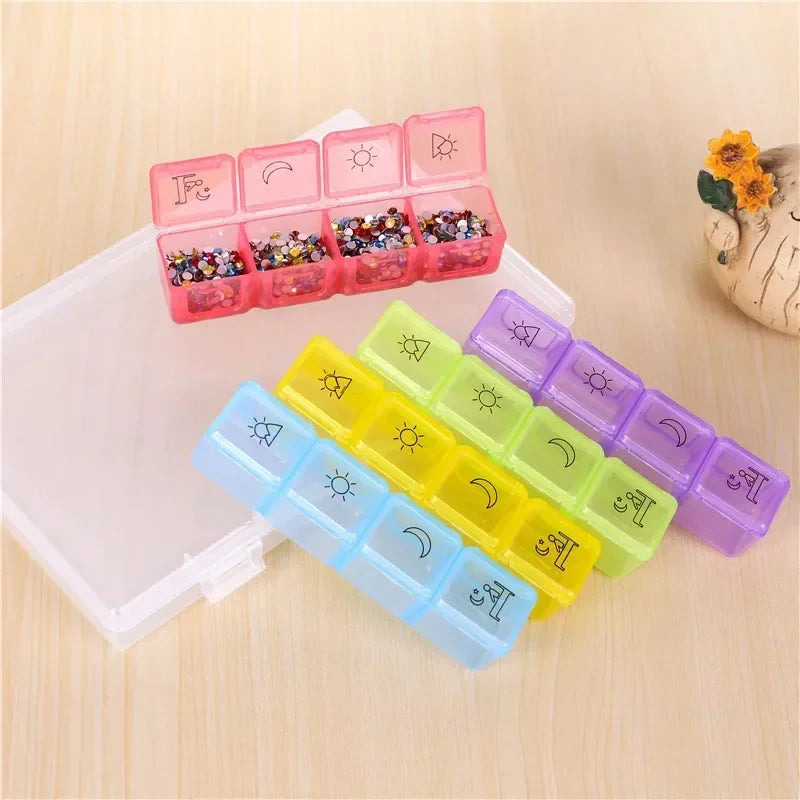 21/28-Grid Pillbox Storage — Portable Weekly 7-Day Medication Organizer, Plastic Pill Container Case