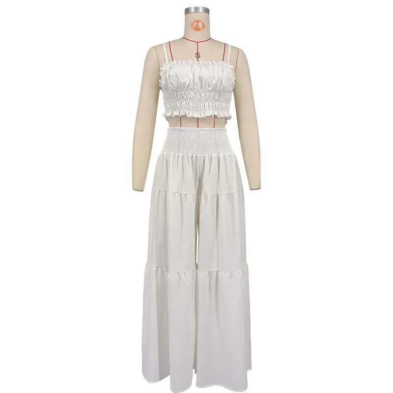 Women’s 2-Piece Summer & Autumn Outfit – Sleeveless Strapless Vest & Wide Leg Pants Casual Set