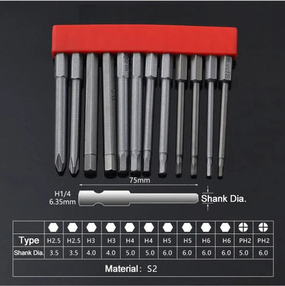 12Pcs 1/4 Inch Magnetic Screwdriver Bits - 50mm 75mm 100mm Long Power Tool Bit Set