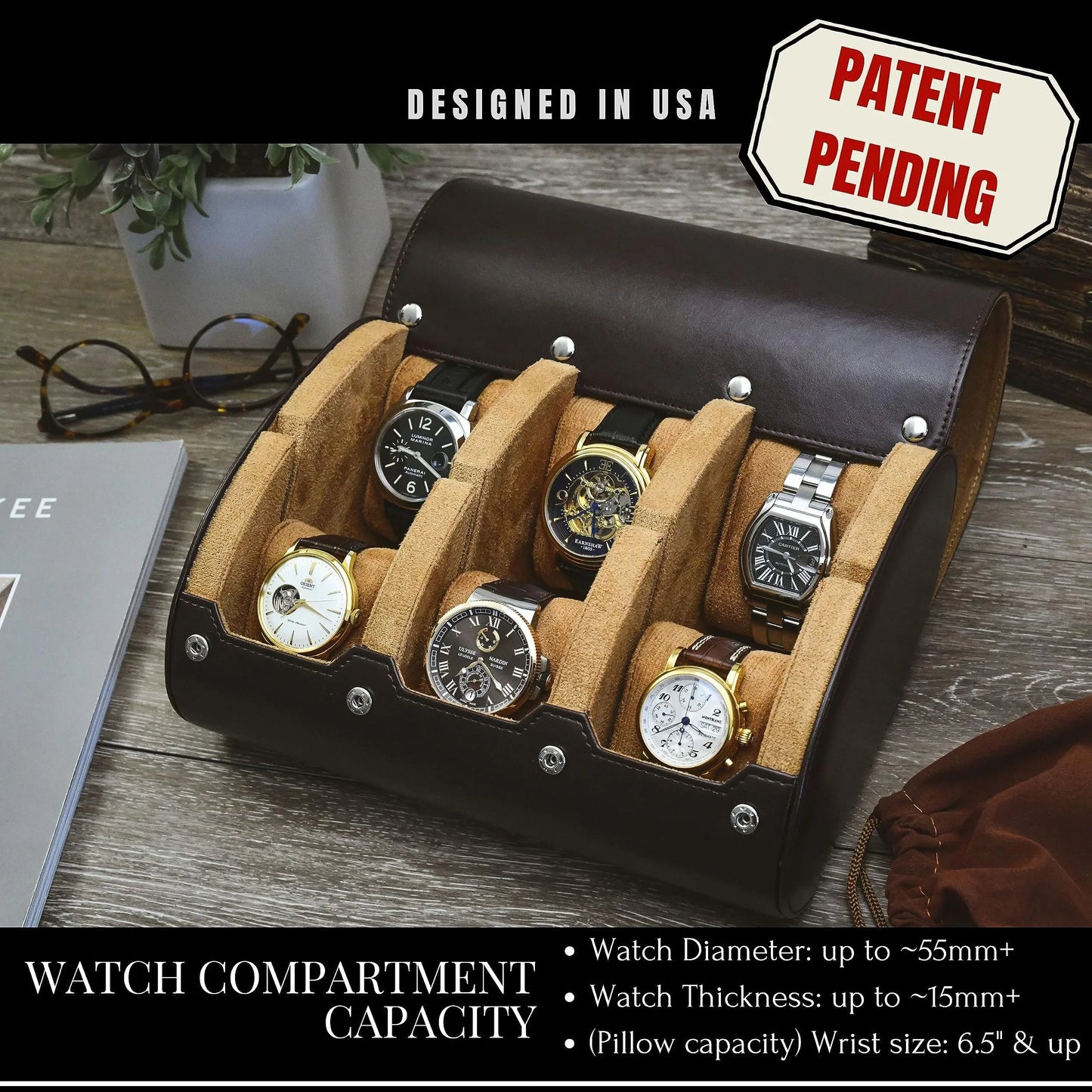 6-Slot Watch Travel Case – PU Leather Organizer Roll for Men & Women, Watch Display Storage Case