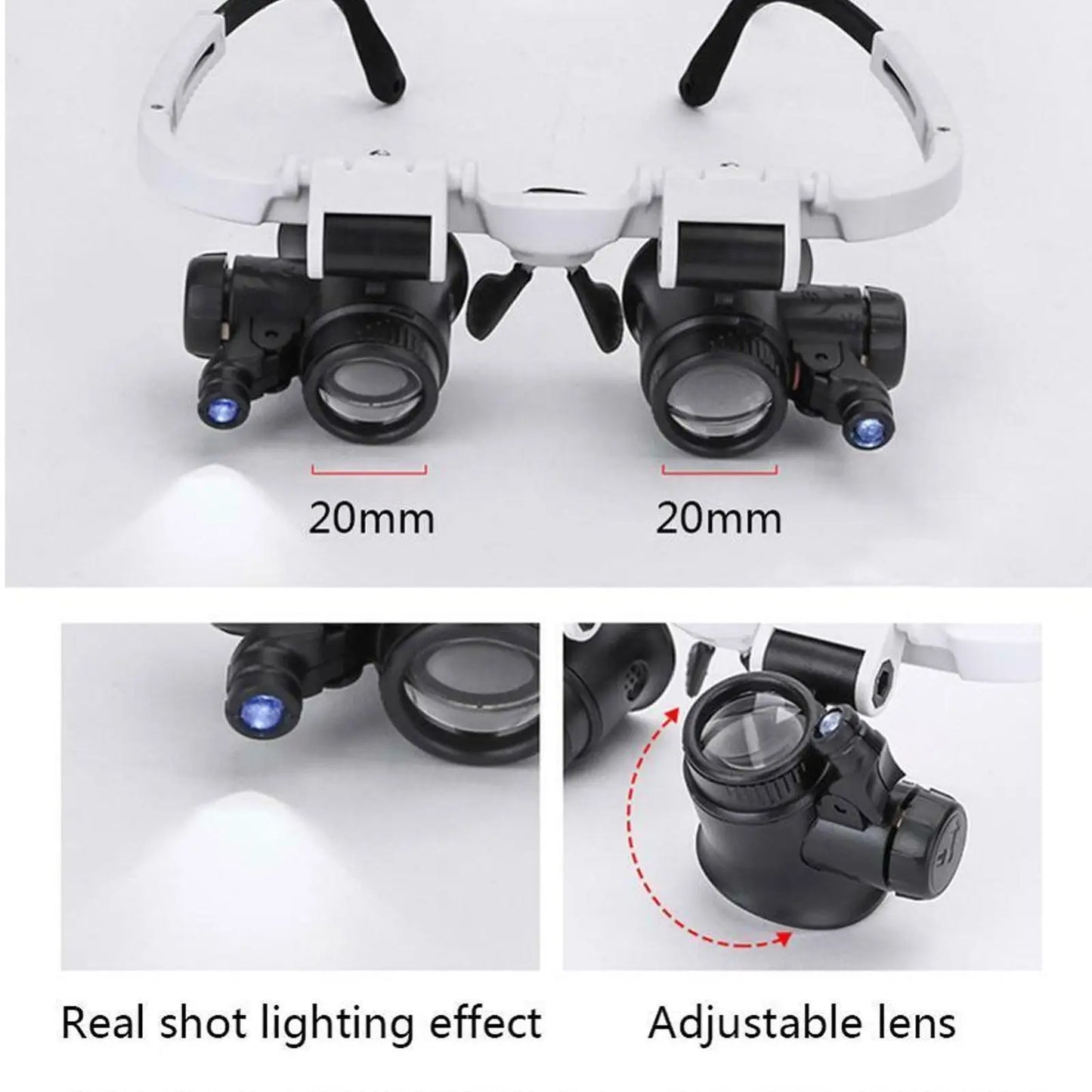 2X LED Head-Mounted Jeweler Magnifier — Adjustable Loupe Glasses with 8X, 15X, 23X Lenses for Watch & Repair Work